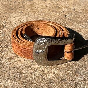 Embossed Leather Belt with Silver Buckle